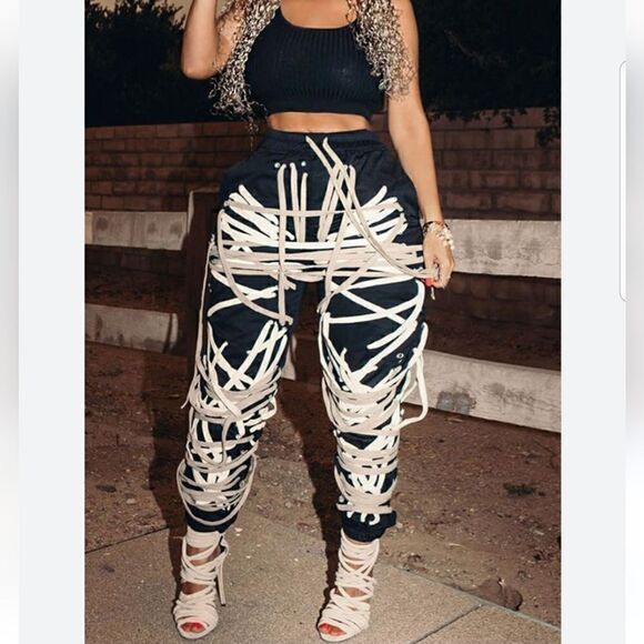 Unusual unique corset black trousers pants medium NWOT - Picture 2 of 15